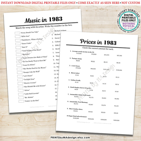 1983 Party Games, Back in the Year 1983 Trivia, Flashback to '83 Games Bundle, Birthday Anniversary Reunion, 5 PRINTABLE 8.5x11" Games