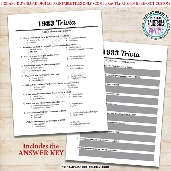 1983 Party Games, Back in the Year 1983 Trivia, Flashback to '83 Games Bundle, Birthday Anniversary Reunion, 5 PRINTABLE 8.5x11" Games
