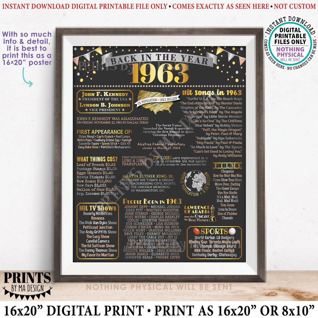 Back in the Year 1963 Poster Board, Remember 1963 Sign, Flashback to 1963 USA History from 1963, PRINTABLE 16x20” Sign