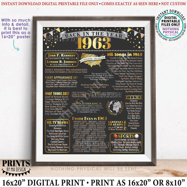 Back in the Year 1963 Poster Board, Remember 1963 Sign, Flashback to 1963 USA History from 1963, PRINTABLE 16x20” Sign