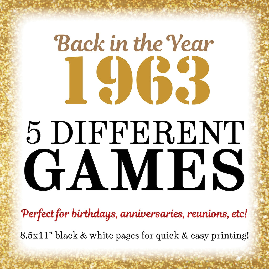 1963 Party Games, Back in the Year 1963 Trivia, Flashback to '63 Games Bundle, Birthday or Anniversary, Five PRINTABLE 8.5x11" Games