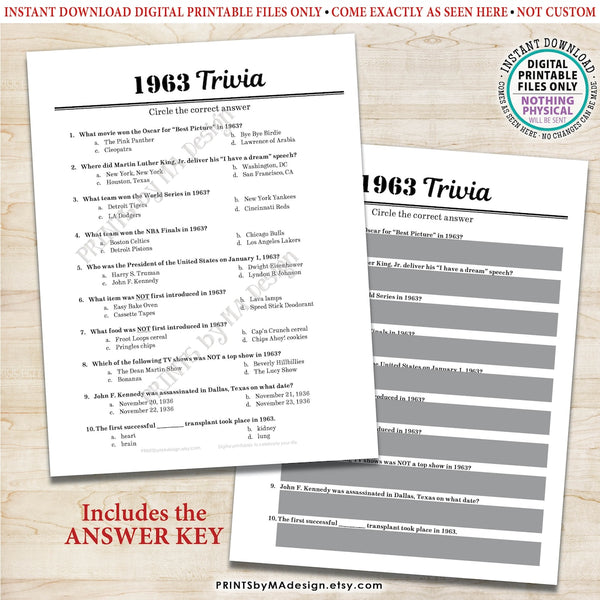 1963 Party Games, Back in the Year 1963 Trivia, Flashback to '63 Games Bundle, Birthday or Anniversary, Five PRINTABLE 8.5x11" Games
