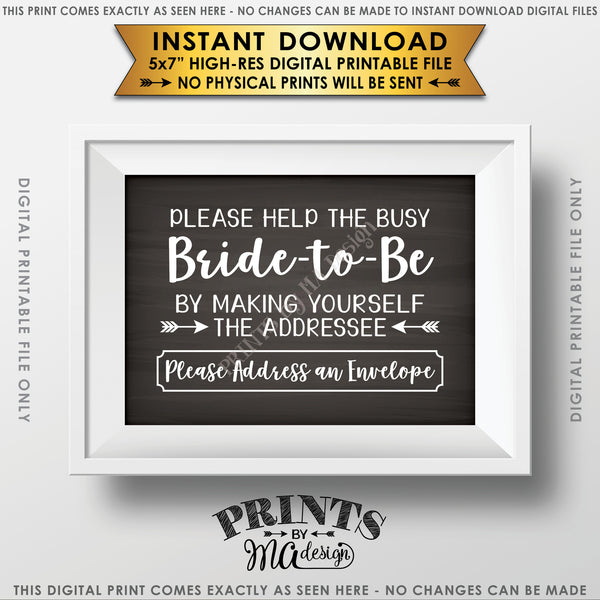 Address Envelope Bridal Shower Sign, Help the Bride by Addressing an Envelope, Be the Addressee, White Text, Chalkboard Style Instant Download 5x7” Printable Sign - PRINTSbyMAdesign