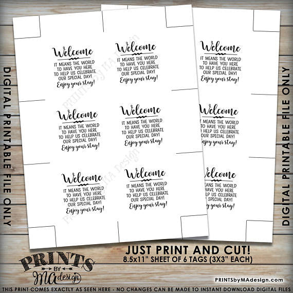 Tags for Hotel Welcome Favor Bags, Destination Wedding Welcome Bag Tags,  set of 6 