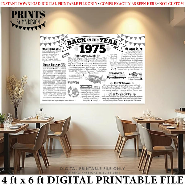 Back in the Year 1975 Poster, Remember 1975 Banner, Flashback to 1975 USA History from 1975, PRINTABLE 4'x6' (48"x72") Sign, Instant Download Digital Printable File