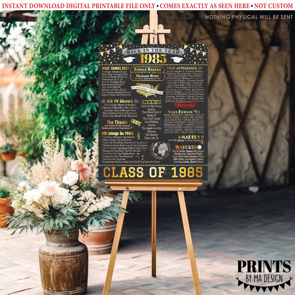 Back in the Year 1985 Poster Board, Flashback to 1985 High School Reunion, Class of 1985 Reunion Decoration, PRINTABLE 16x20” Sign, Instant Download Digital Printable File