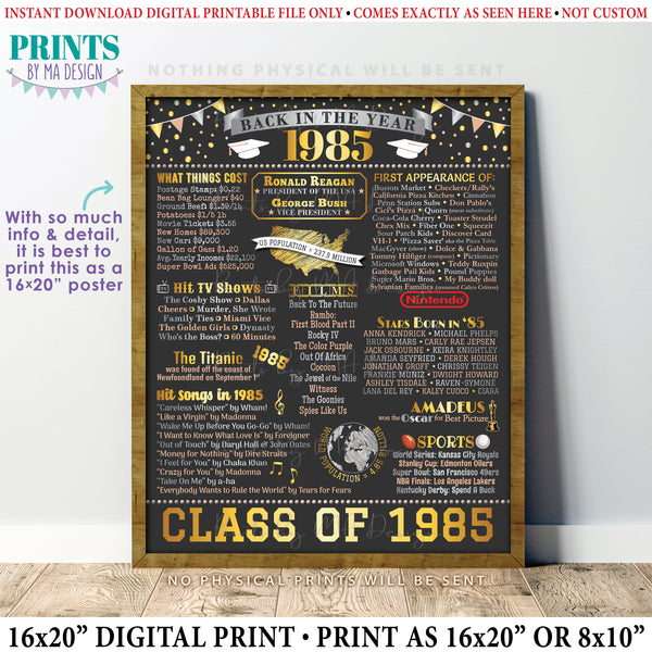 Back in the Year 1985 Poster Board, Flashback to 1985 High School Reunion, Class of 1985 Reunion Decoration, PRINTABLE 16x20” Sign, Instant Download Digital Printable File