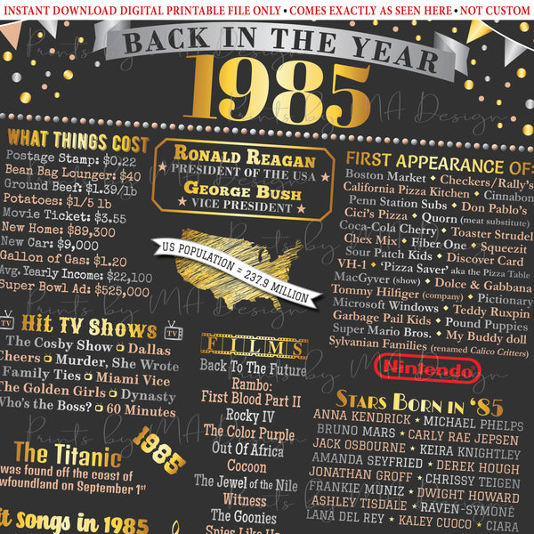 Back in the Year 1985 Poster Board, Remember 1985 Sign, Flashback to 1985 USA History from 1985, PRINTABLE 16x20” Sign, Instant Download Digital Printable File