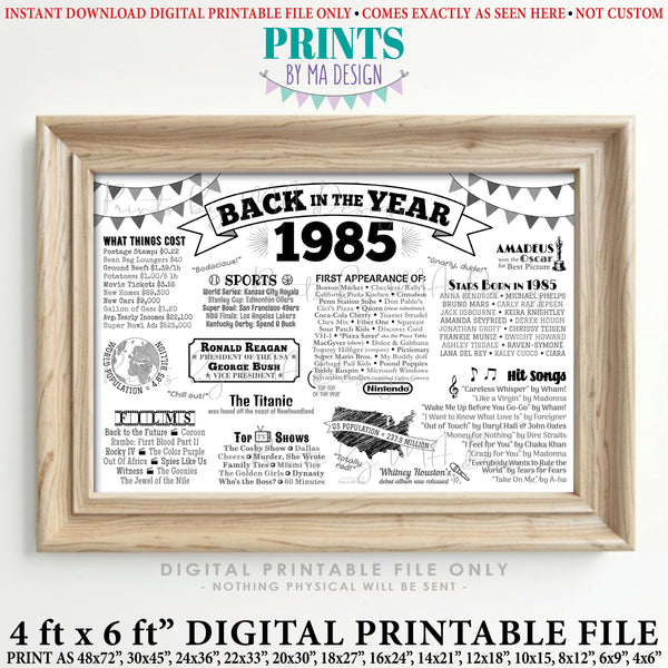 Back in the Year 1985 Poster, Remember 1985 Banner, Flashback to 1985 USA History from 1985, PRINTABLE 4'x6' (48"x72") Sign, Instant Download Digital Printable File