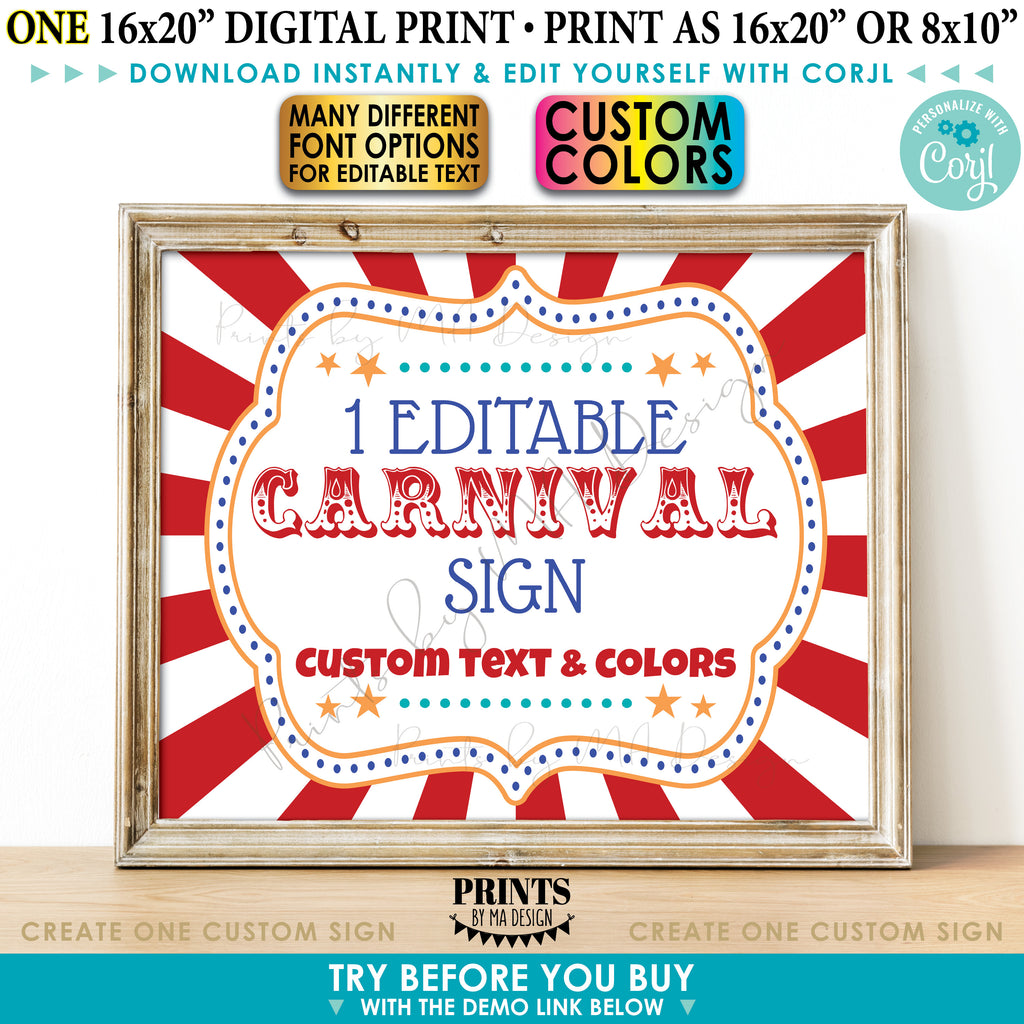 Custom Carnival Sign, Carnival Theme Party Sign, Circus Birthday Party, One Editable PRINTABLE 8x10/16x20” Landscape Sign (Edit Yourself with Corjl)
