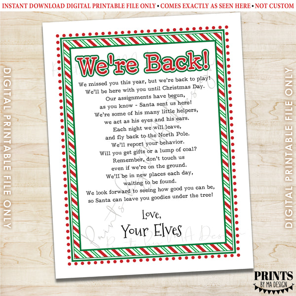 Welcome Back Letter to Kids from their Christmas Elves, We're Back Elf Letter, Santa's Elves have Returned, Instant Download PRINTABLE 8.5x11” Sign