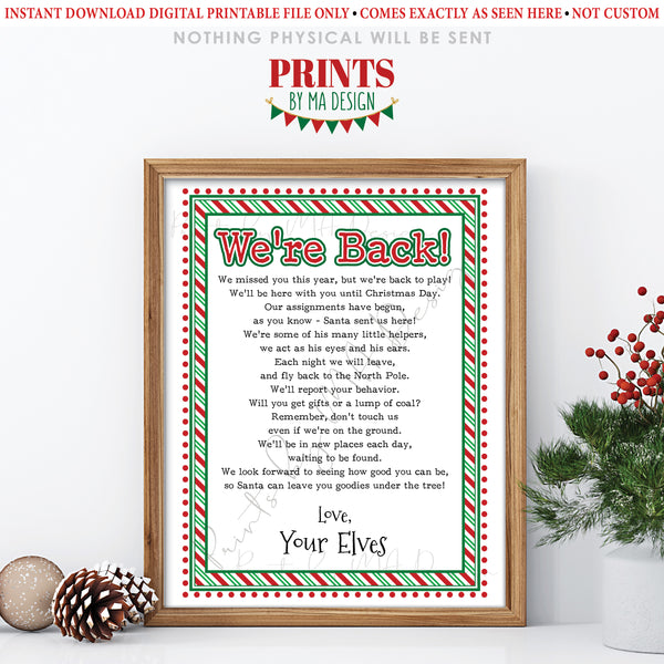 Welcome Back Letter to Kids from their Christmas Elves, We're Back Elf Letter, Santa's Elves have Returned, Instant Download PRINTABLE 8.5x11” Sign