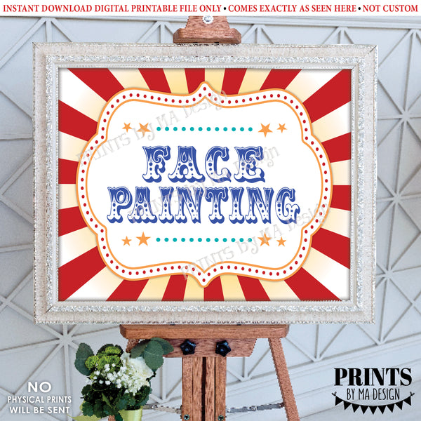 Carnival Face Painting Sign, Circus Activities, Festival Game Tent, Birthday Party, Picnic Games, PRINTABLE 8x10/16x20” Sign, Instant Download Digital Printable File