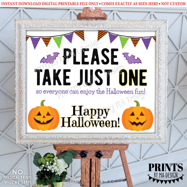 Please Take One Sign, Happy Halloween Sign, Candy, Jack-O-Lantern Pumpkin, PRINTABLE 8x10/16x20” One Treat Sign, Instant Download Digital Printable File