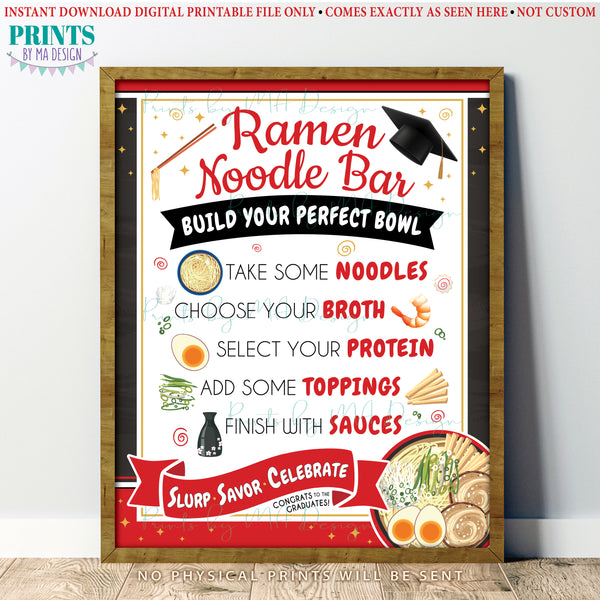 Ramen Noodle Bar Sign, Build Your Own Noodle Bowl Directions, Party Food Station Buffet Sign, Red PRINTABLE 8x10/16x20” Sign, Graduation Party, Instant Download Digital Printable File (Copy) (Copy)