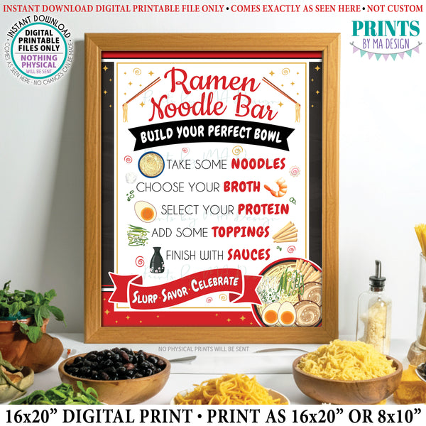 Ramen Noodle Bar Sign, Build Your Own Noodle Bowl Directions, Party Food Station Buffet Sign, Teacher Appreciation, Red PRINTABLE 8x10/16x20” Sign, Instant Download Digital Printable File