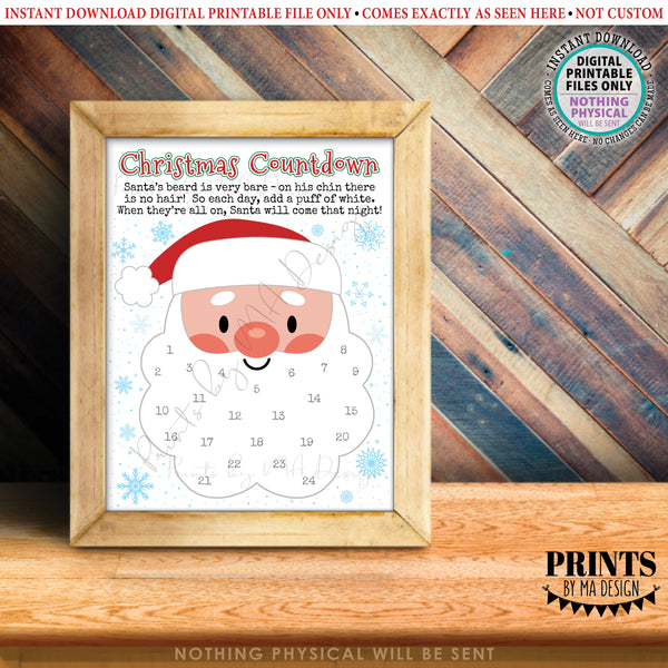 Countdown to Christmas, Glue Cotton Balls on Santa's Beard Countdown Calendar, Instant Download PRINTABLE 8.5x11” Xmas Sign