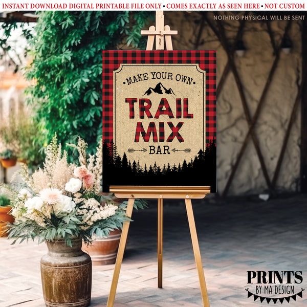 Trail Mix Bar Sign, Make Your Own Trail Mix Lumberjack Style Sign, Red Checker Buffalo Plaid, Red & Black Checker Buffalo Plaid, PRINTABLE 8x10/16x20” Sign, Instant Download Digital Printable File