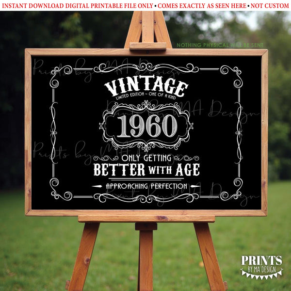 1960 Birthday Sign, Vintage Better with Age Poster, Whiskey Theme Decoration, PRINTABLE 24x36” Black & White Landscape 1960, Instant Download Digital Printable File - PRINTSbyMAdesign