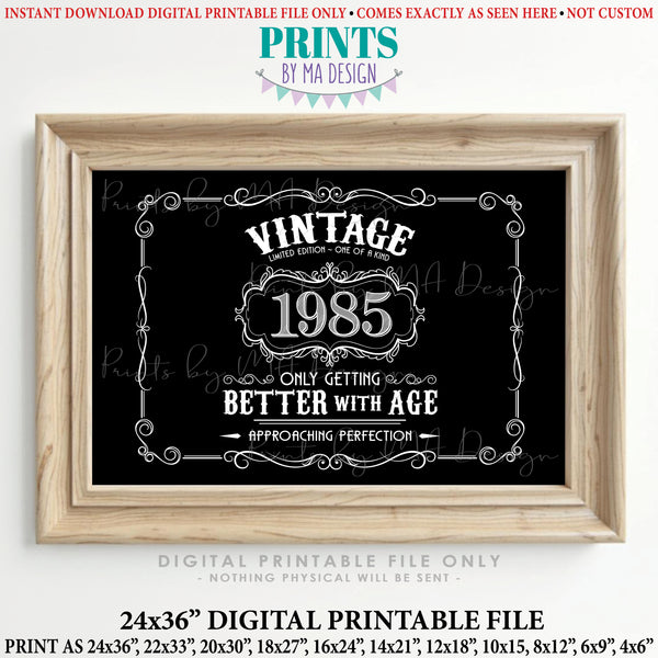 1985 Birthday Sign, Vintage Better with Age Poster, Whiskey Theme Decoration, PRINTABLE 24x36” Black & White Landscape 1985 Sign, Instant Download Digital Printable File