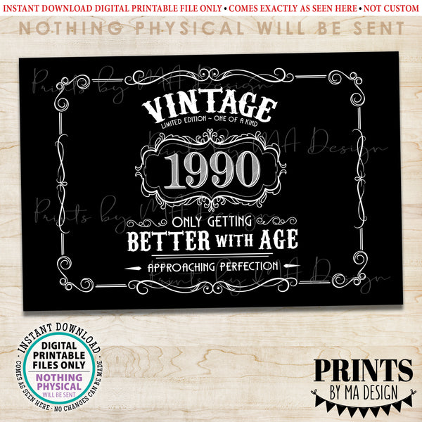 1990 Birthday Sign, Vintage Better with Age Poster, Whiskey Theme Decoration, PRINTABLE 24x36” Black & White Landscape 1990 Sign, Instant Download Digital Printable File