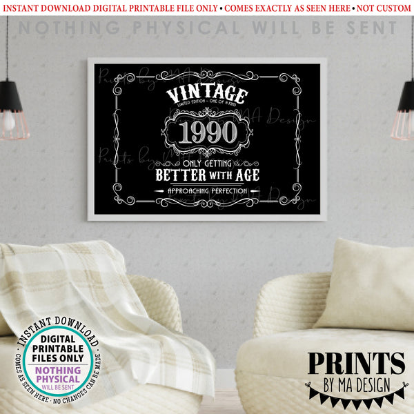 1990 Birthday Sign, Vintage Better with Age Poster, Whiskey Theme Decoration, PRINTABLE 24x36” Black & White Landscape 1990 Sign, Instant Download Digital Printable File