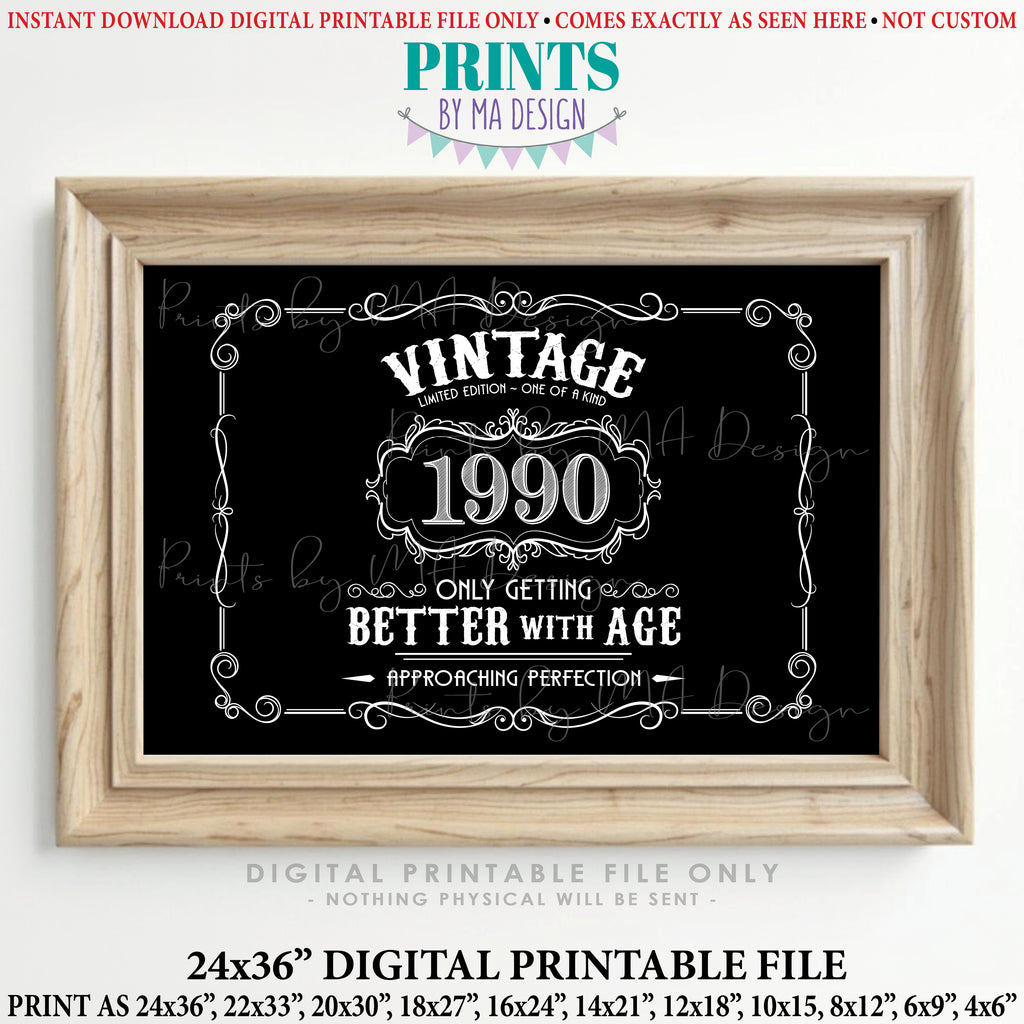1990 Birthday Sign, Vintage Better with Age Poster, Whiskey Theme Decoration, PRINTABLE 24x36” Black & White Landscape 1990 Sign, Instant Download Digital Printable File