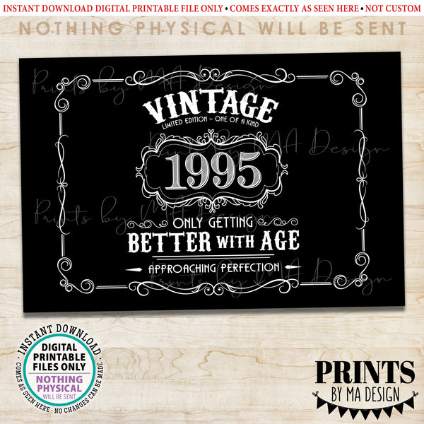 1995 Birthday Sign, Vintage Better with Age Poster, Whiskey Theme Decoration, PRINTABLE 24x36” Black & White Landscape 1995 Sign, Instant Download Digital Printable File