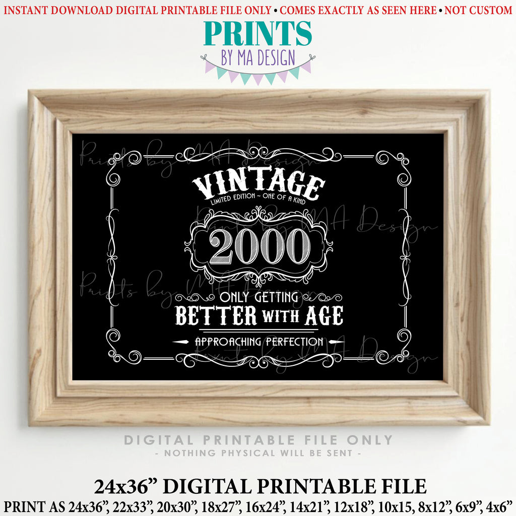 2000 Birthday Sign, Vintage Better with Age Poster, Whiskey Theme Decoration, PRINTABLE 24x36” Black & White Landscape 2000 Sign, Instant Download Digital Printable File