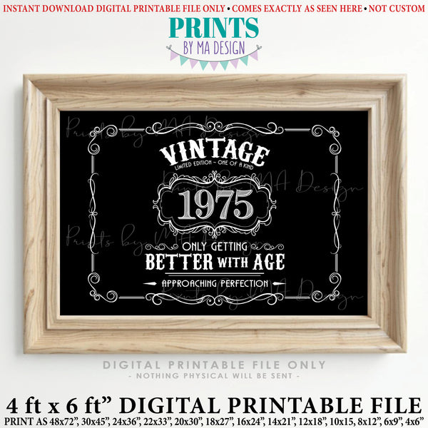 1975 Birthday Sign, Vintage Better with Age Poster, Whiskey Theme Decoration, PRINTABLE 48x72” Black & White Landscape 1975, Instant Download Digital Printable File