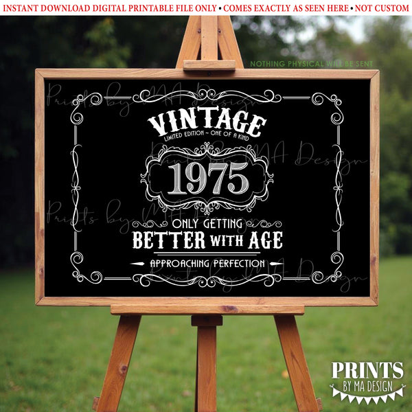 1975 Birthday Sign, Vintage Better with Age Poster, Whiskey Theme Decoration, PRINTABLE 48x72” Black & White Landscape 1975, Instant Download Digital Printable File