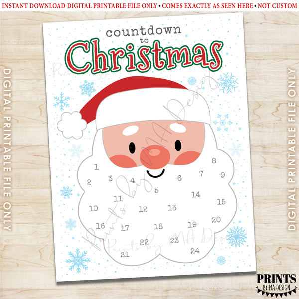 Countdown to Christmas, Glue Cotton Balls on Santa's Beard Countdown Calendar, Instant Download PRINTABLE 8.5x11” Xmas Santa Countdown Sign