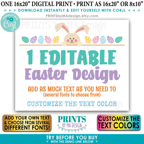 Editable Easter Egg Hunt Sign, Easter Bunny, Eggs, One Custom PRINTABLE 8x10/16x20” Landscape Sign, Choose Your Text (Edit Yourself w/Corjl)