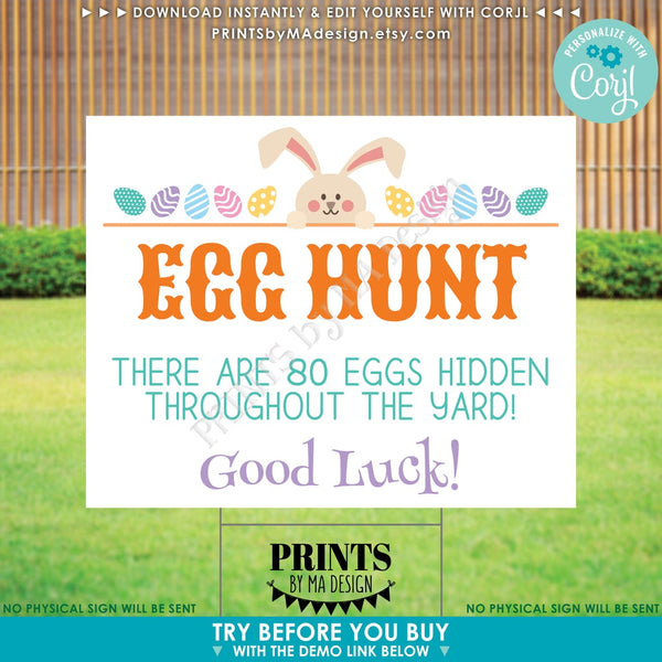 Editable Easter Egg Hunt Sign, Easter Bunny, Eggs, One Custom PRINTABLE 8x10/16x20” Landscape Sign, Choose Your Text (Edit Yourself w/Corjl)