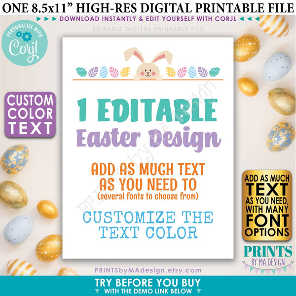 Editable Easter Sign, Letter from Easter Bunny, Eggs, Choose Your Text, One Custom PRINTABLE 8.5x11” Portrait Sign (Edit Yourself w/Corjl)