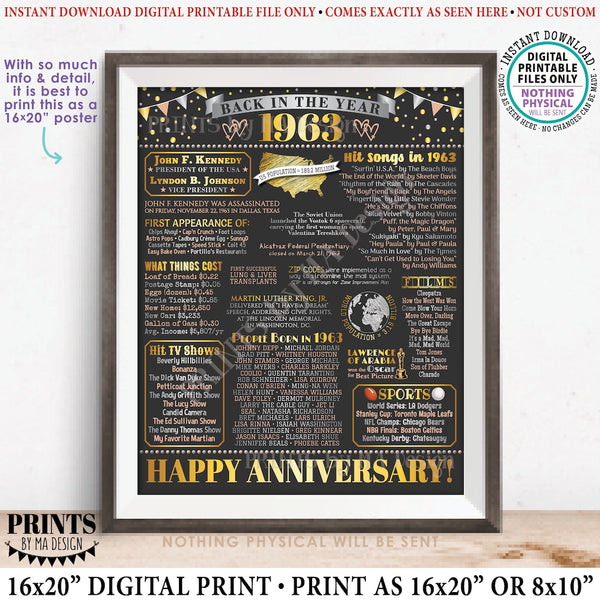 Back in the Year 1963 Anniversary Sign, Flashback to 1963 Anniversary Decor, Anniversary Gift, PRINTABLE 16x20” Poster Board