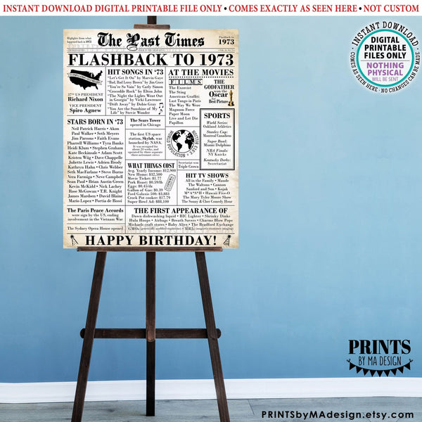 Flashback to 1973 Newspaper, Back in the Year '73 B-day Gift, Bday Party Decoration, PRINTABLE 16x20” 1973 Birthday Sign, Old Newsprint, Instant Download Digital Printable File