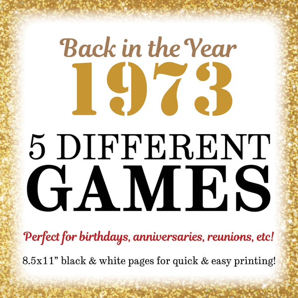 1973 Party Games, Back in the Year 1973 Trivia, Flashback to '73 Games Bundle, Birthday or Anniversary, Five PRINTABLE 8.5x11" Games