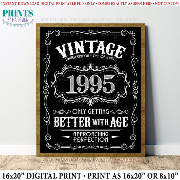 1995 Birthday Sign, Vintage Better with Age Poster, Whiskey Theme Decoration, PRINTABLE 8x10/16x20” Black & White Portrait 1995 Sign, Instant Download Digital Printable File