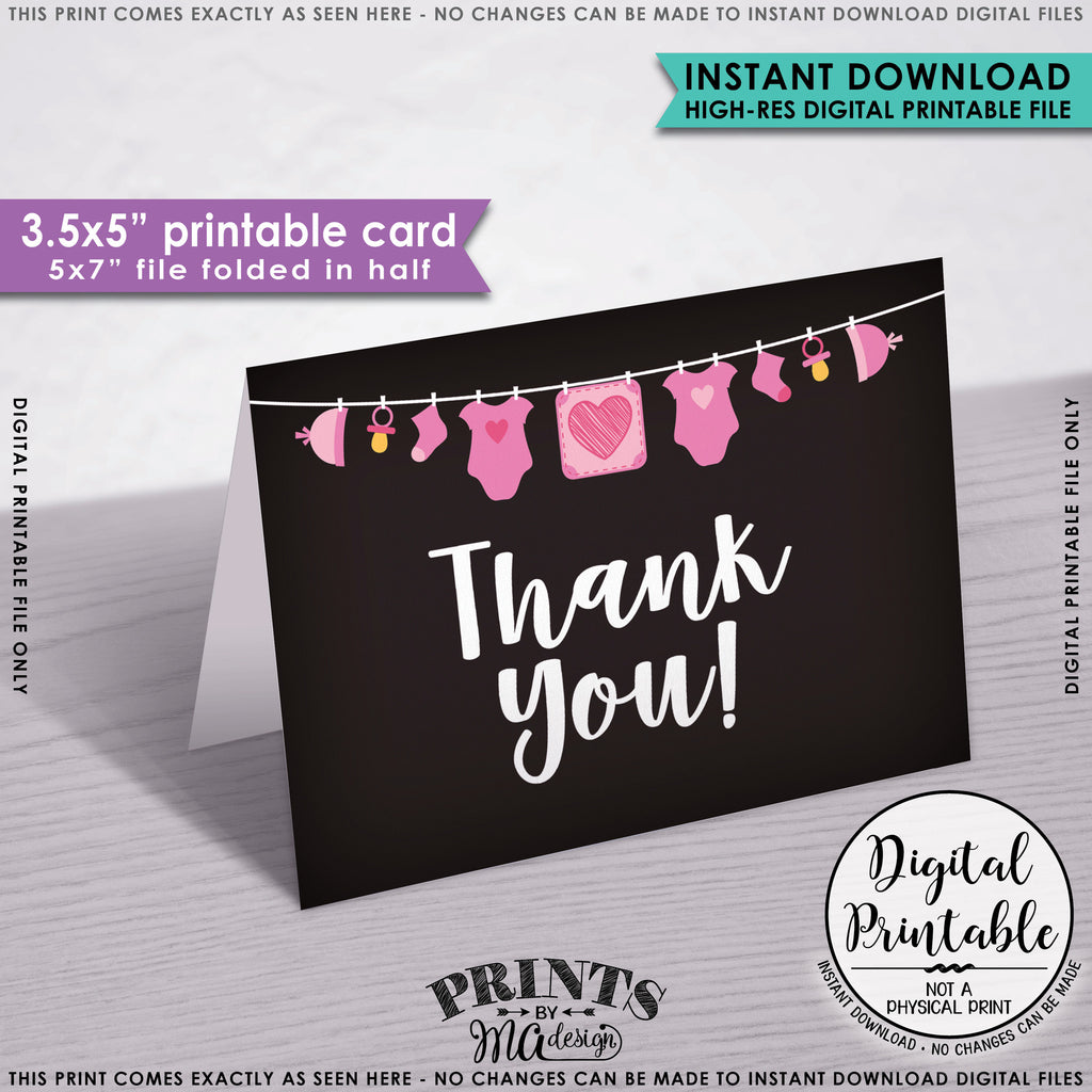 Baby Shower Thank You Card, Pink Baby Thank You Card, Printable Thank Yous, It's a Girl, 3.5x5" folded card, 5x7" Printable Instant Download - PRINTSbyMAdesign