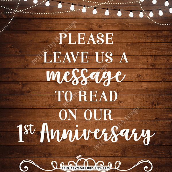 Please Leave Us a Message to Read on Our First Anniversary Wedding Sign, 1st Anniversary Message, 8x10” Rustic Wood Style Printable Instant Download - PRINTSbyMAdesign