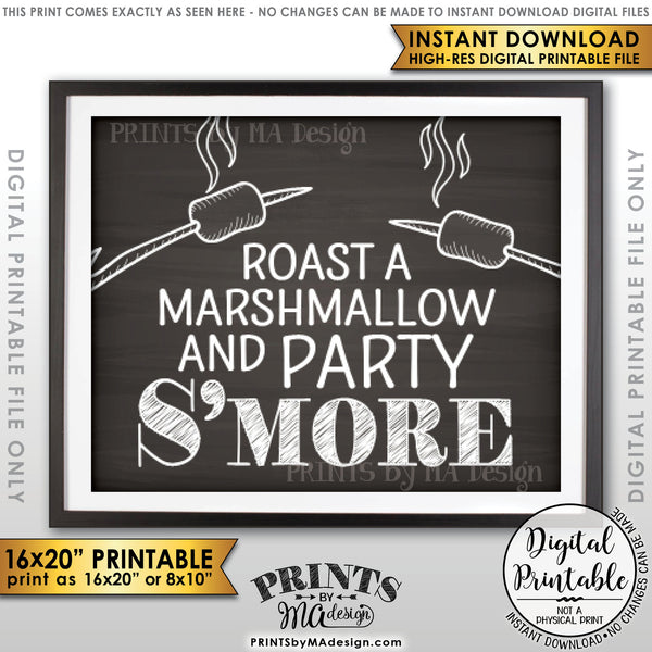 S'more Sign, Party Smore, Roast S'mores Wedding, Birthday, Graduation, Campfire, Instant Download 8x10/16x20” Chalkboard Style Printable Sign - PRINTSbyMAdesign