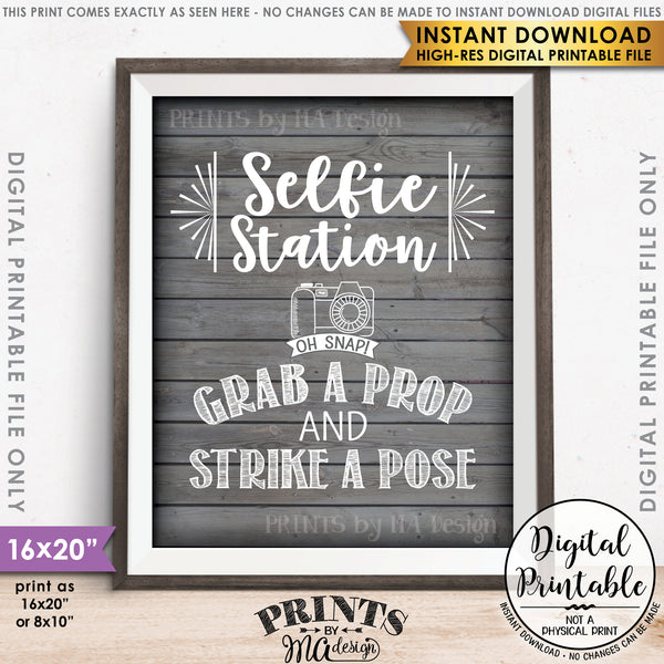 Selfie Station Sign, Grab a Prop and Strike a Pose Selfie Sign, Photobooth Sign, Instant Download 8x10/16x20” Rustic Wood Style Printable File - PRINTSbyMAdesign