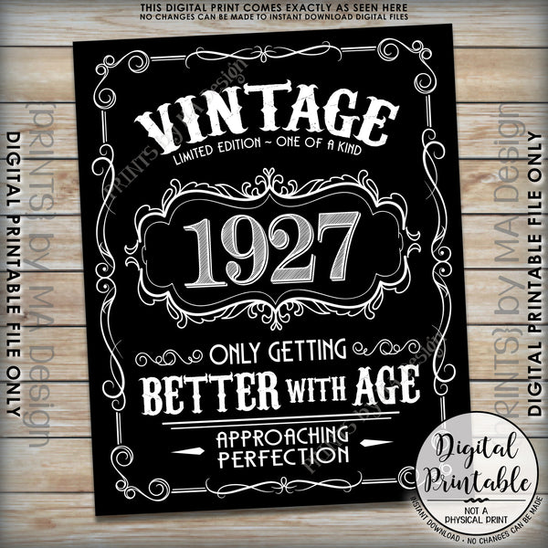 1927 Birthday Sign, Aged to Perfection Poster, Vintage Birthday, Better with Age, 8x10/16x20” Black & White Instant Download Digital Printable File - PRINTSbyMAdesign