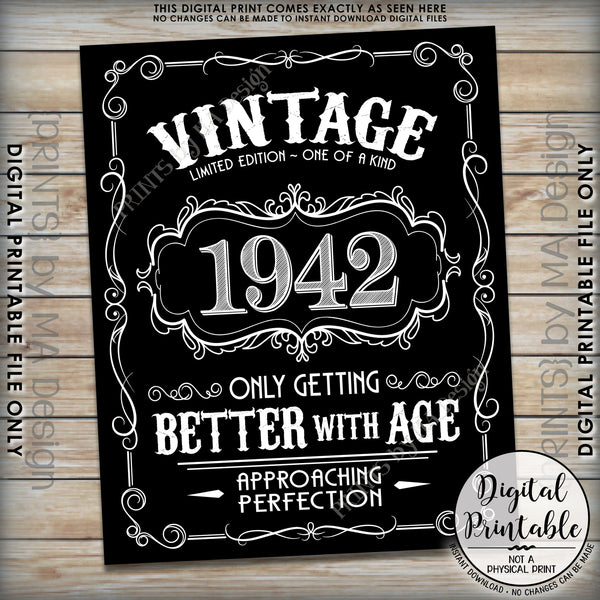 1942 Birthday Sign, Better with Age Vintage Birthday, Aged to Perfection, 8x10/16x20” Black & White Digital Printable File <Instant Download> - PRINTSbyMAdesign