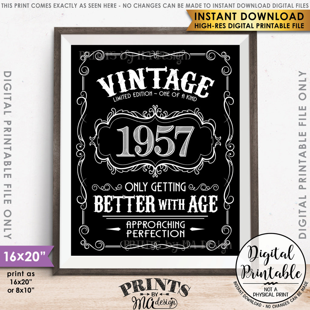 1957 Birthday Sign, Aged to Perfection Poster, Vintage Birthday, Better with Age, 8x10/16x20” Black & White Instant Download Digital Printable File - PRINTSbyMAdesign