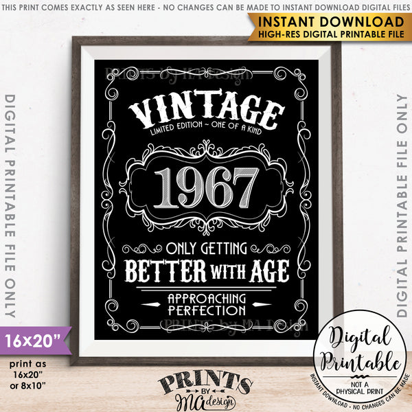 1967 Birthday Sign, Aged to Perfection Poster, Vintage Birthday, Better with Age,  8x10/16x20” Black & White Instant Download Digital Printable File - PRINTSbyMAdesign