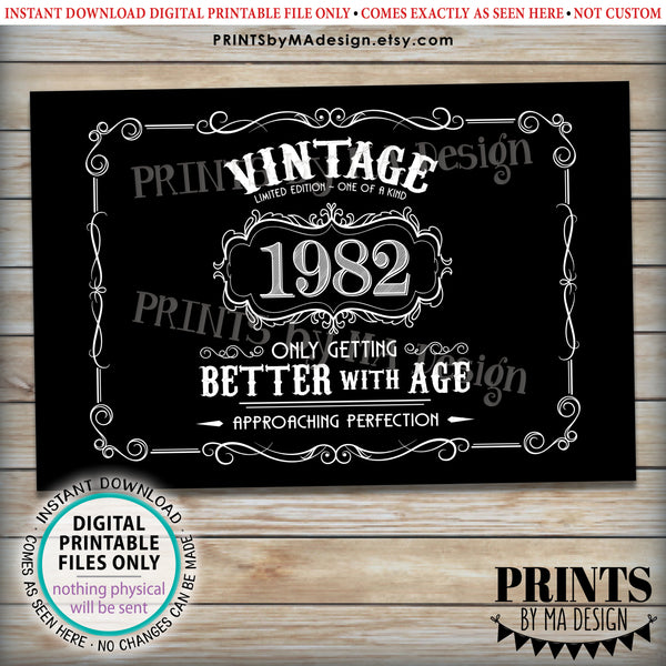 1982 Birthday Sign, Vintage Better with Age Poster, Whiskey Theme Black & White PRINTABLE 24x36” Landscape 1982 Sign, Instant Download Digital Printable File