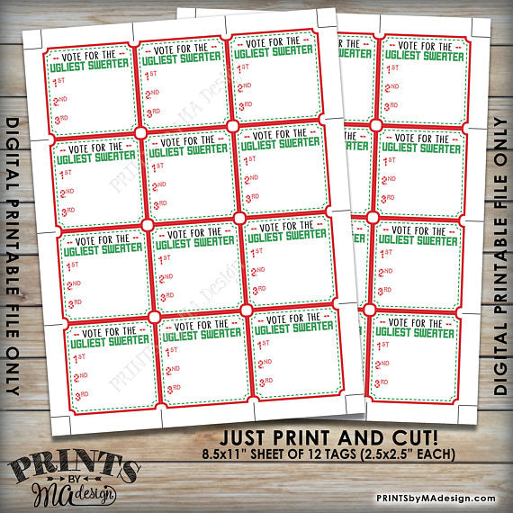 Ugly Christmas Sweater Party Voting Ballots, Vote for the Ugliest Christmas Sweater, Tacky Sweater, 1st 2nd 3rd Ballots, Instant Download PRINTABLE 8.5x11" sheet of 2.5" Ballots - PRINTSbyMAdesign