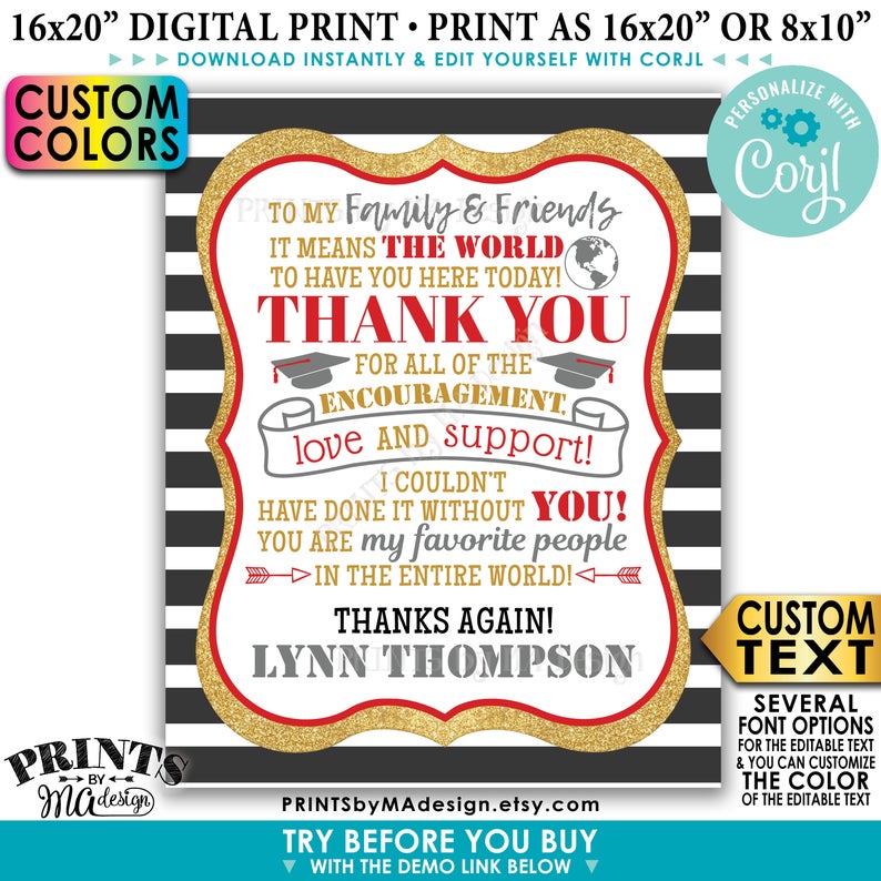Graduation Party Thank You Sign, Thanks from the Graduate, Gold Glitte – PRINTSbyMAdesign